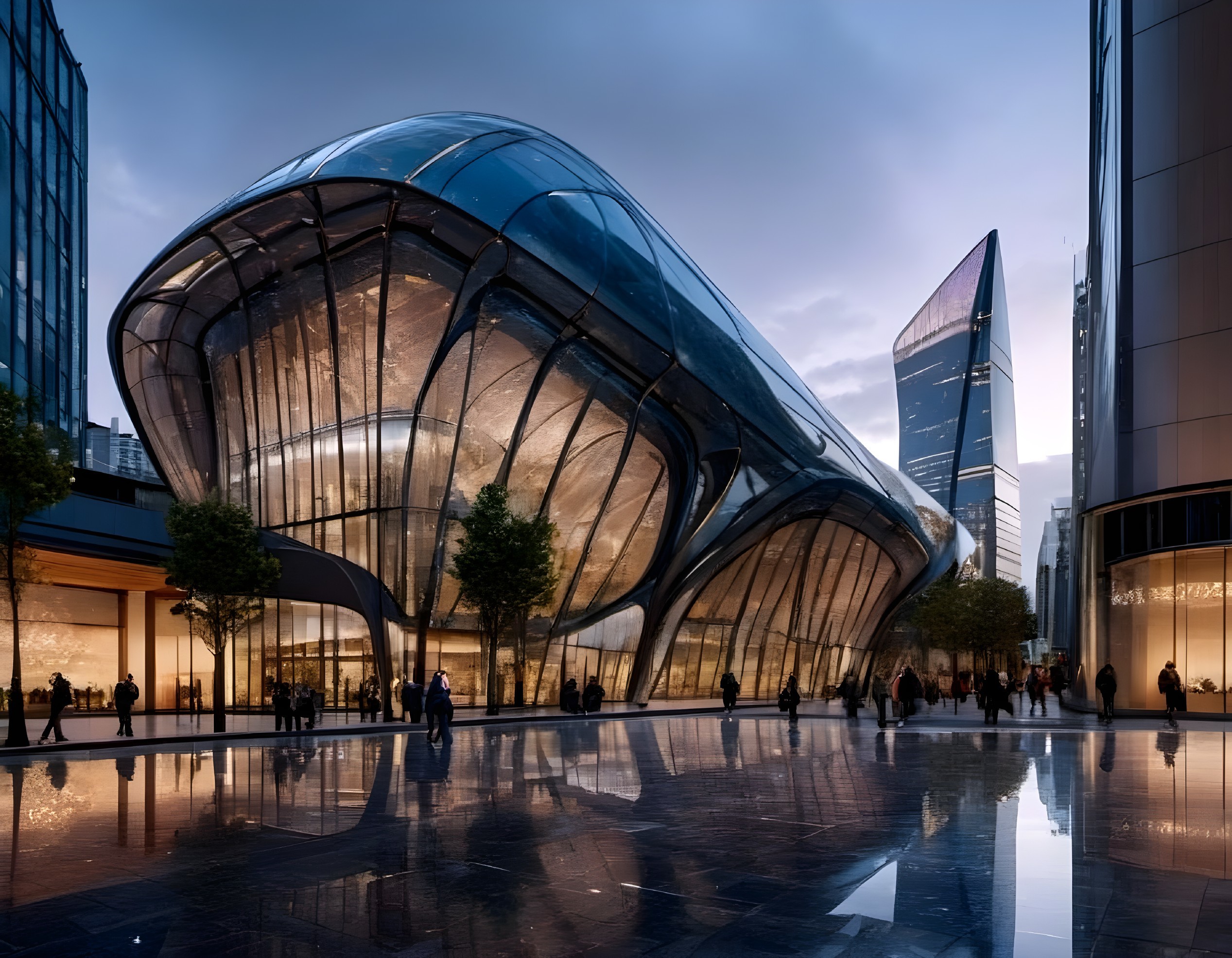 Modern Building with Organic Design and Transparent Facade