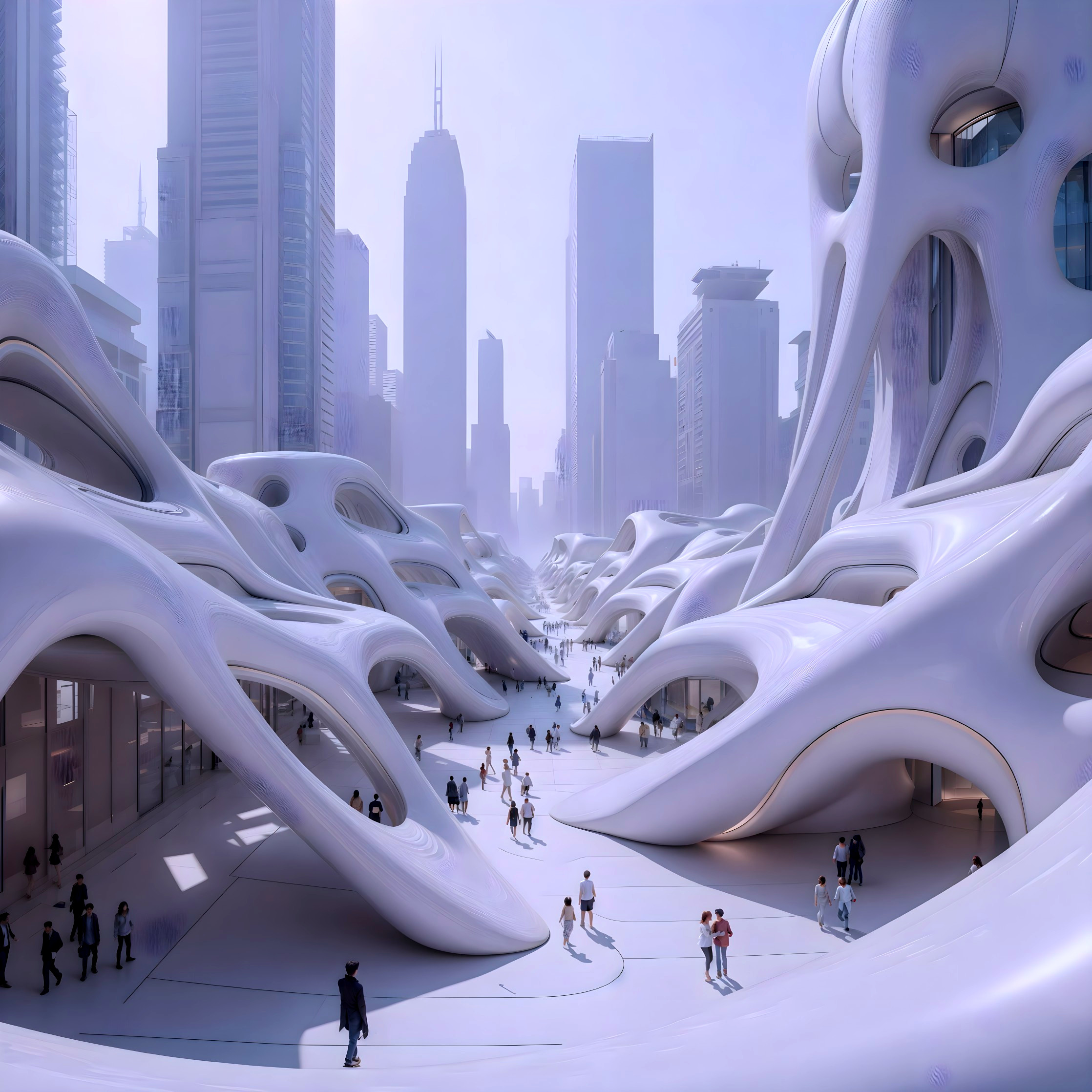 Futuristic cityscape with organic architectural forms