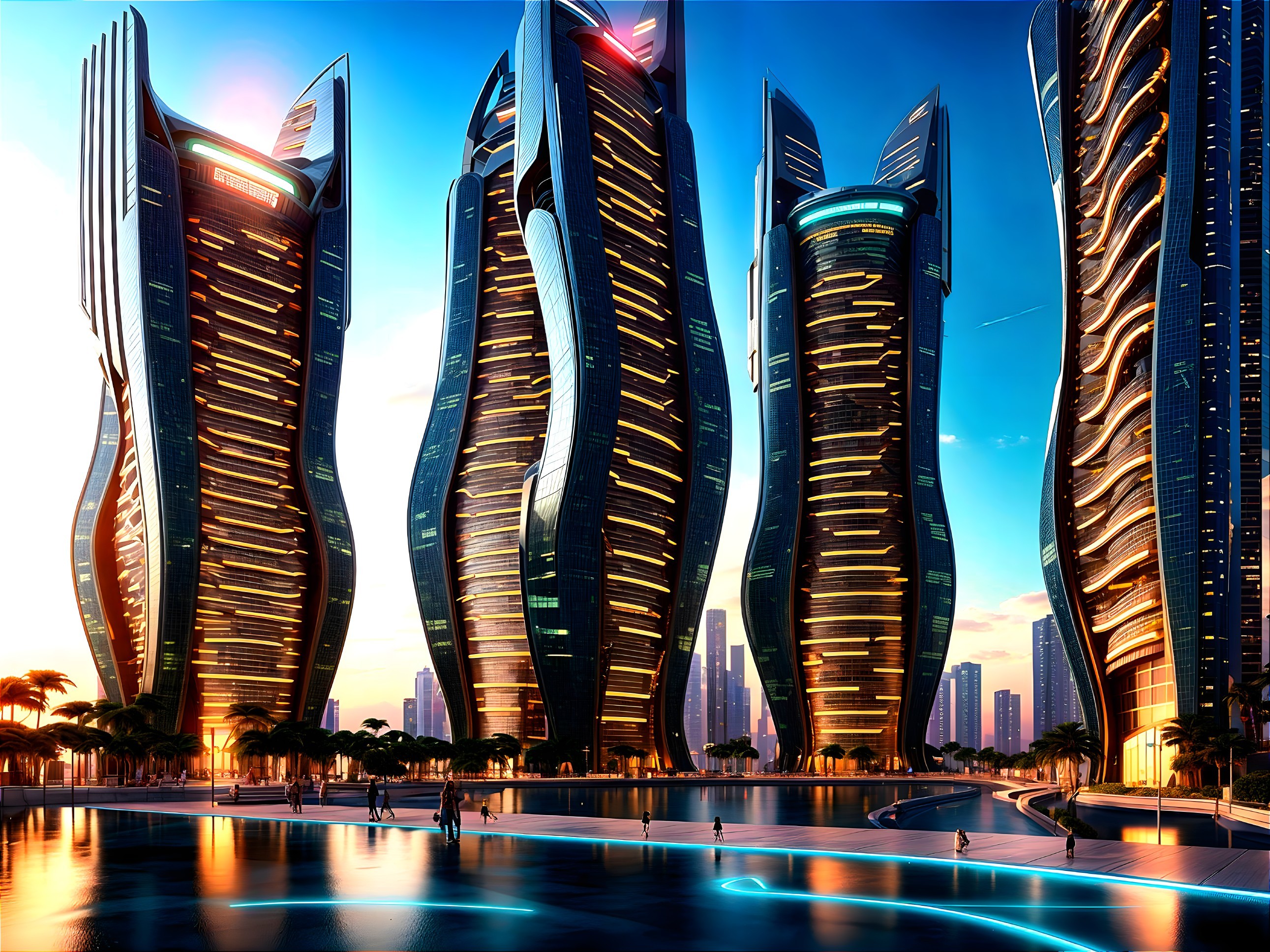 Futuristic skyline with twisting skyscrapers at sunset