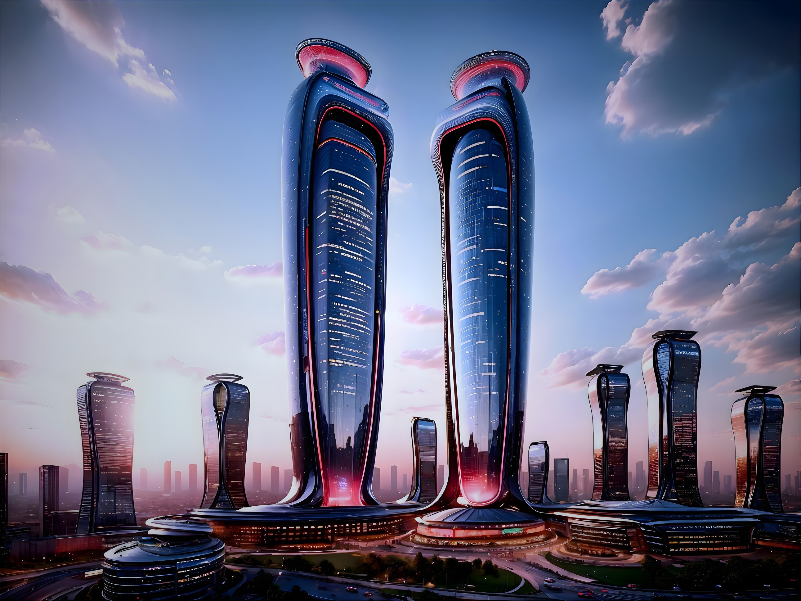 Futuristic Cityscape with High-Rise Towers and Sunset