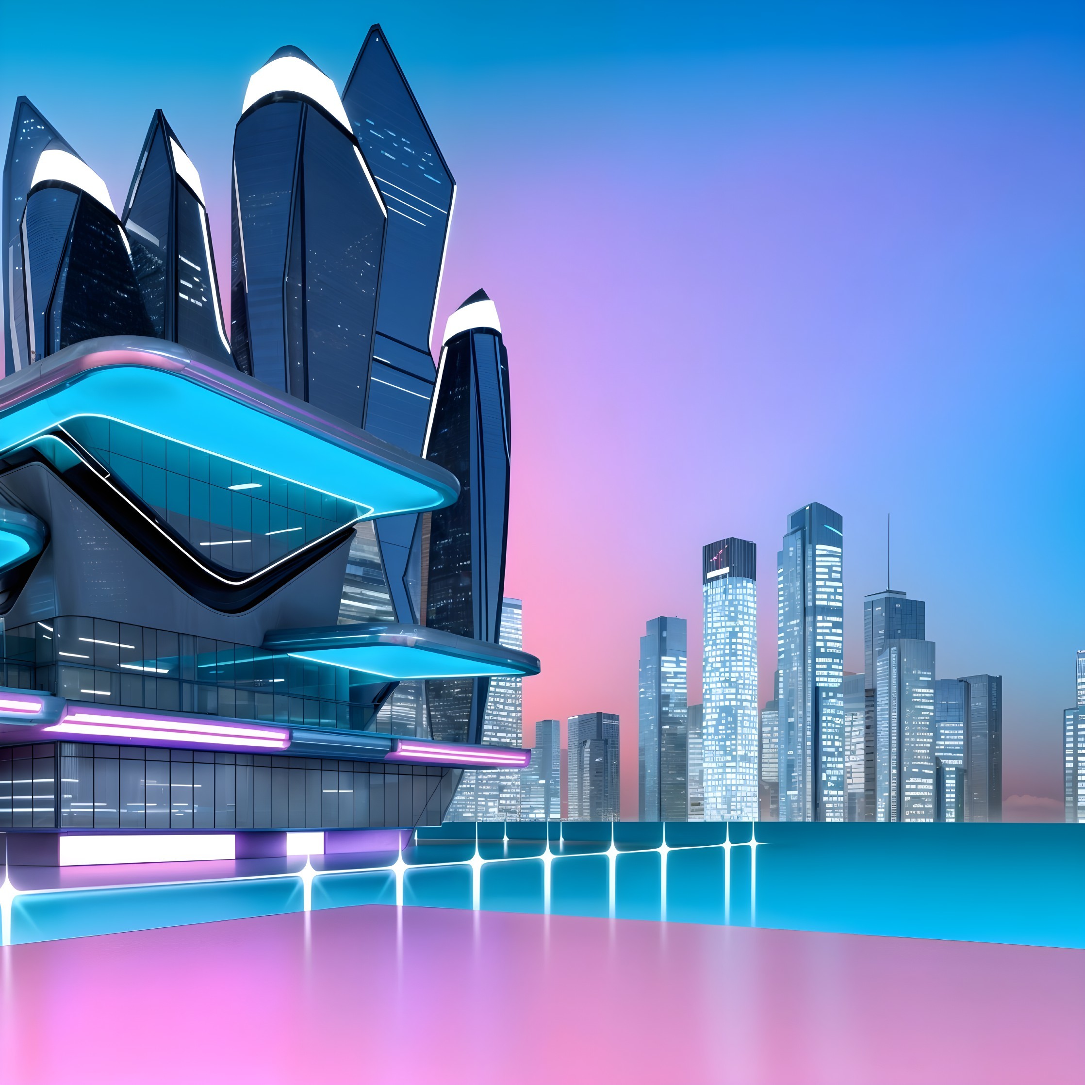 Futuristic cityscape with sleek skyscrapers at dusk