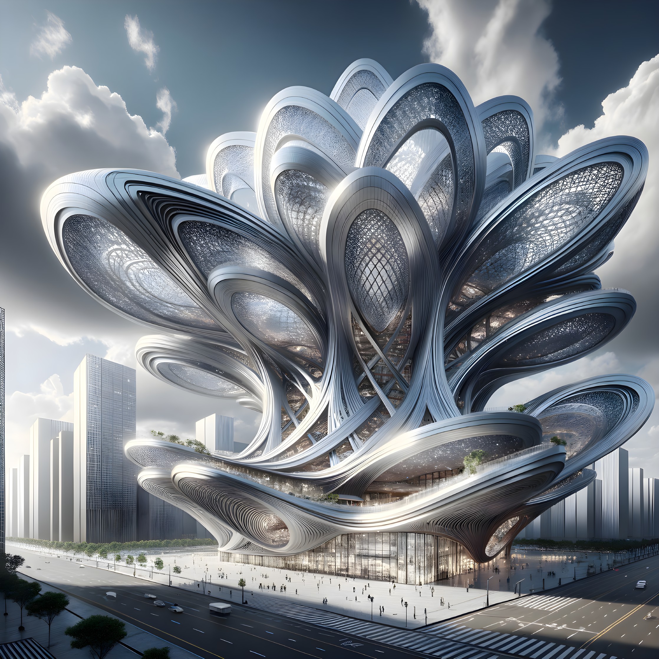 Futuristic Building with Organic Floral Design Elements
