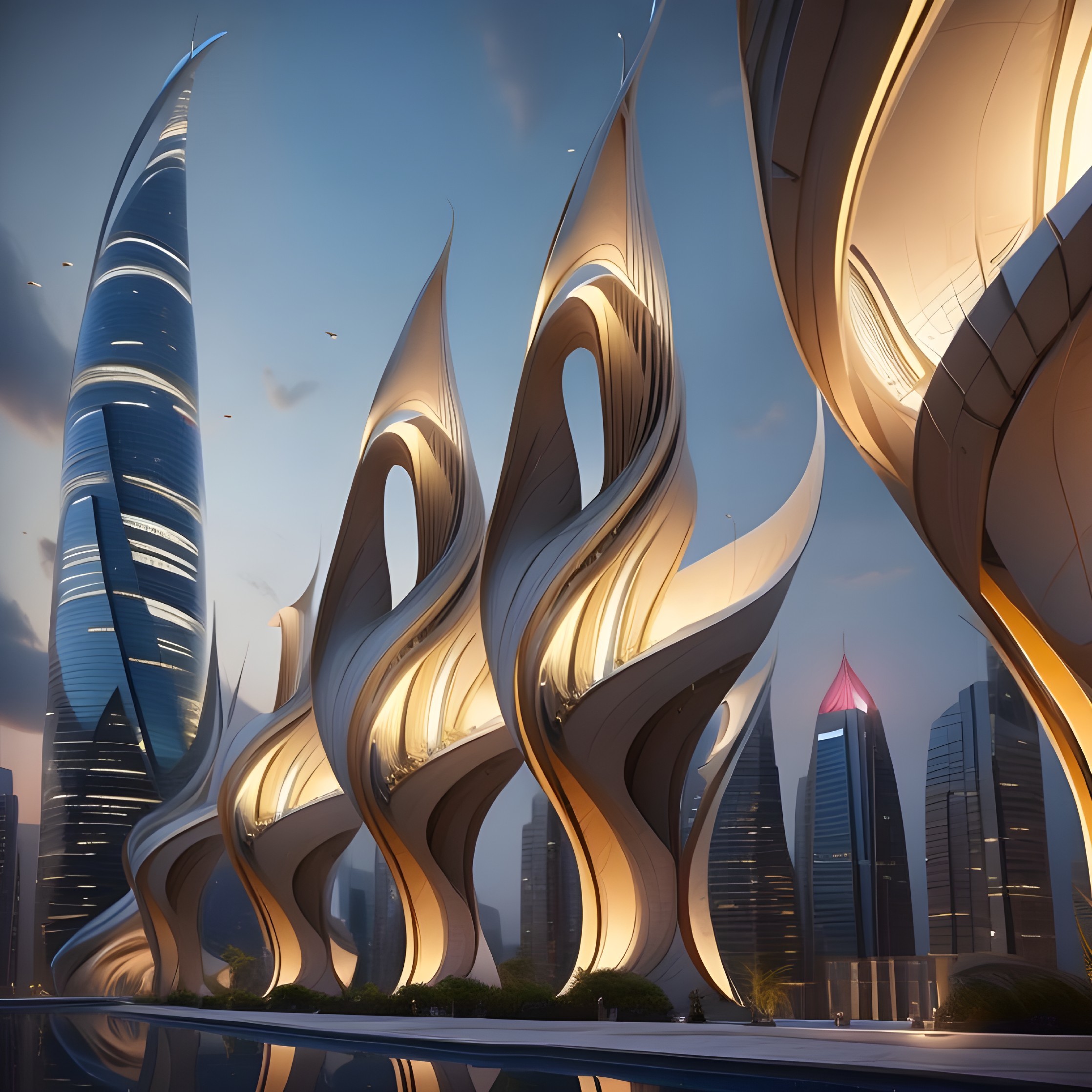 Futuristic Architectural Landscape with Wave-Like Designs
