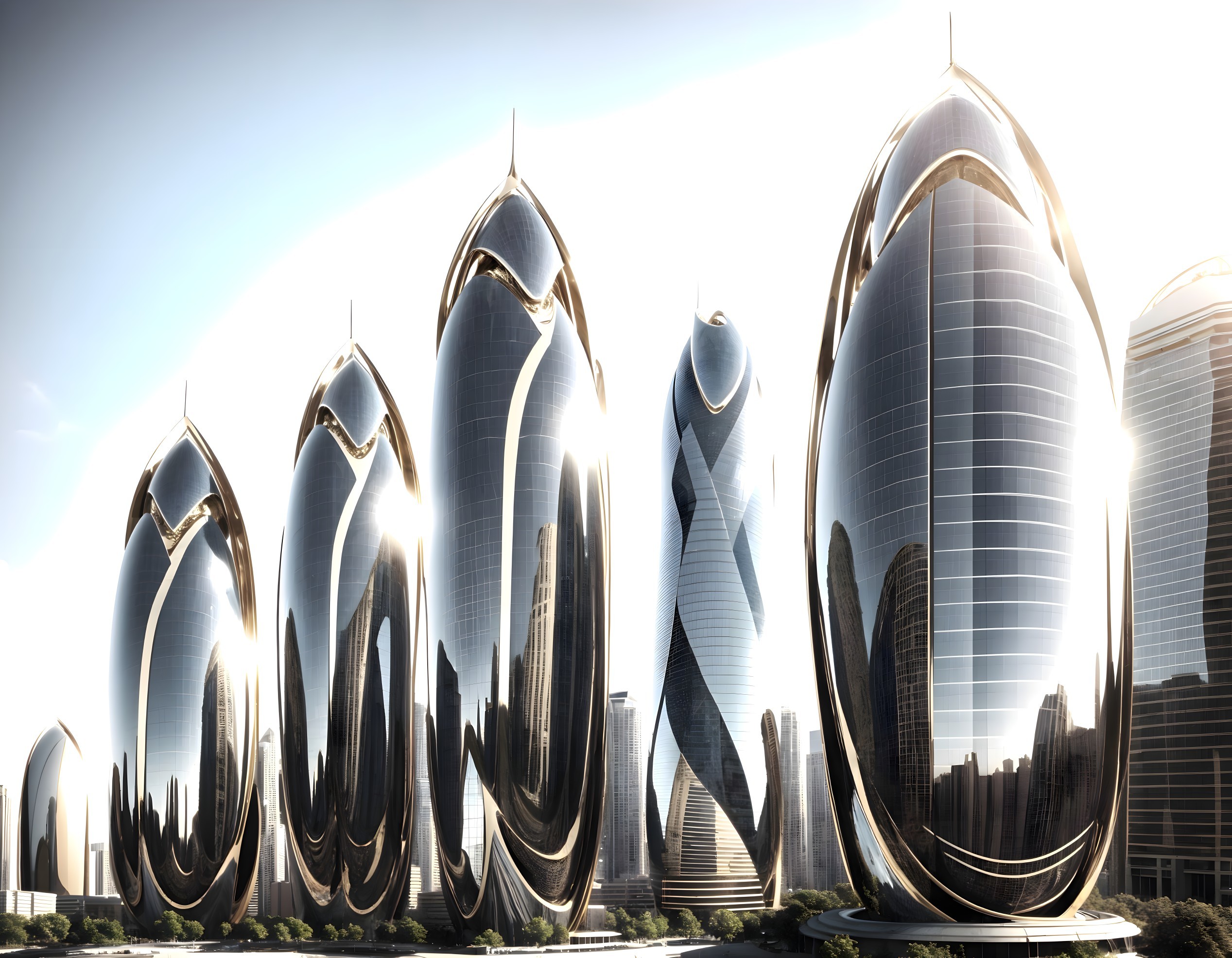 Futuristic Skyline with Teardrop-Shaped Skyscrapers
