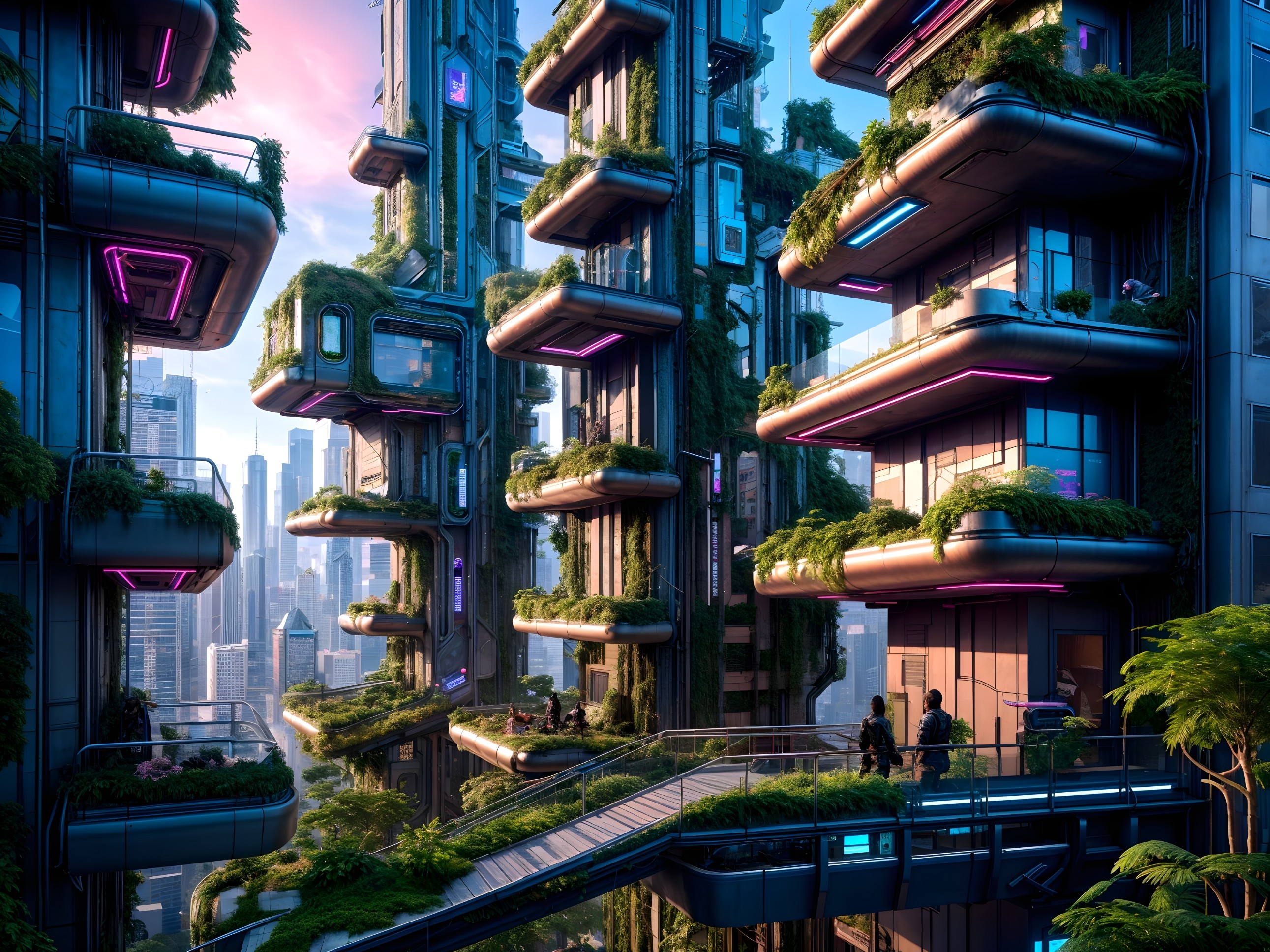 Futuristic Urban Scene with Greenery and Neon Lights
