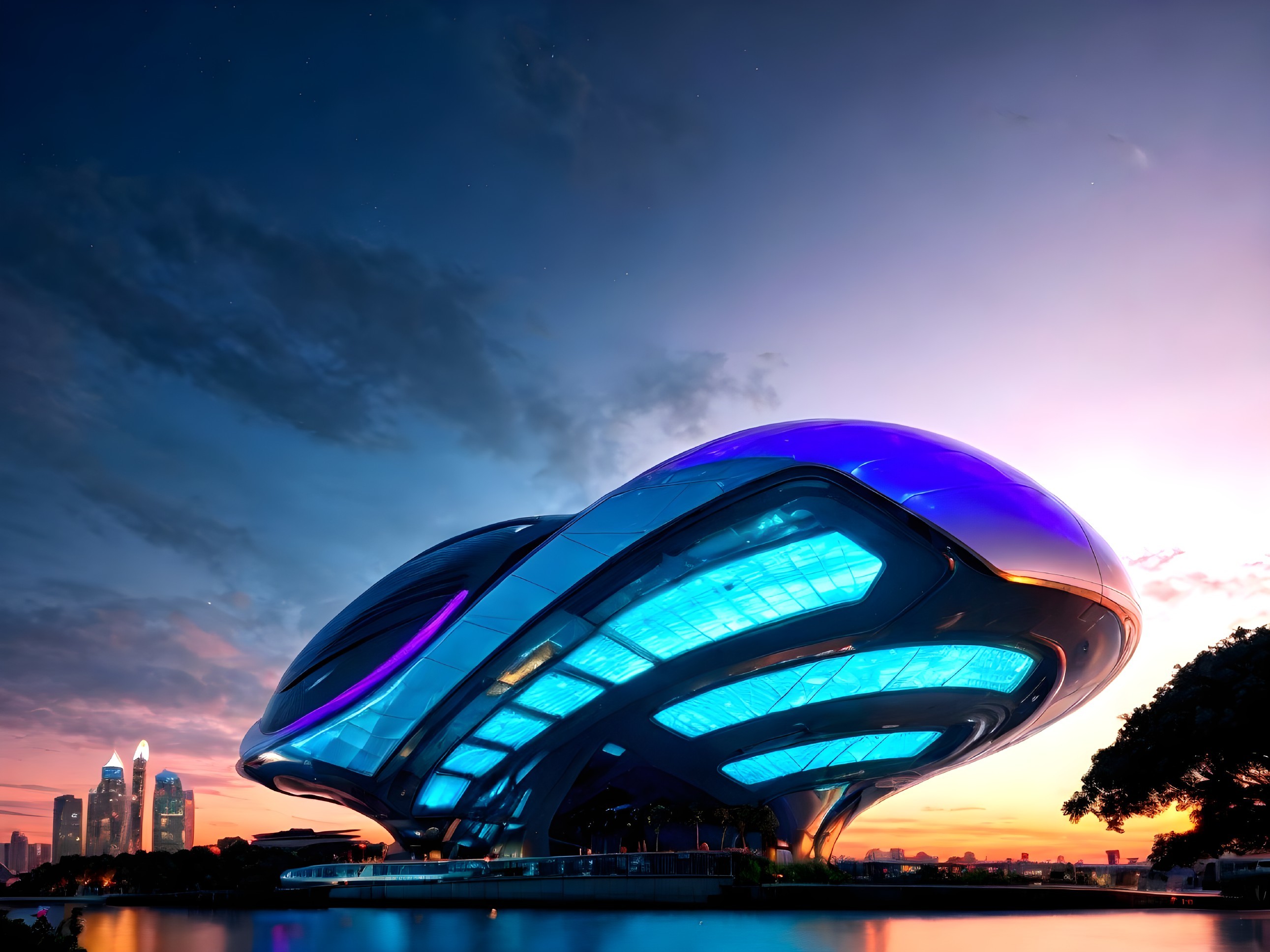 Futuristic Alien-Like Building by Serene Water at Sunset