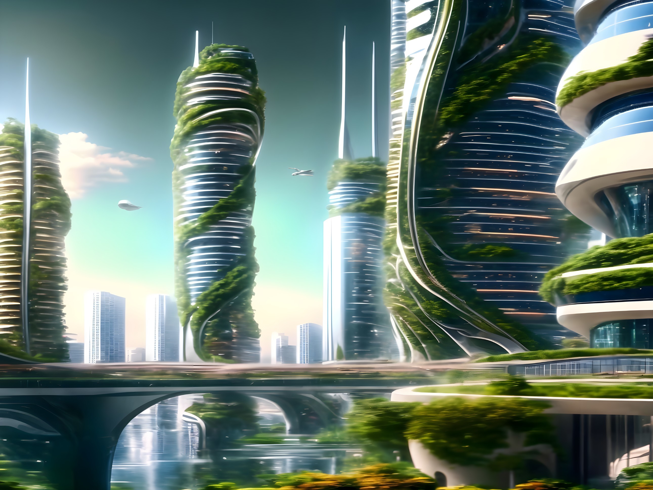 Futuristic cityscape with skyscrapers and greenery