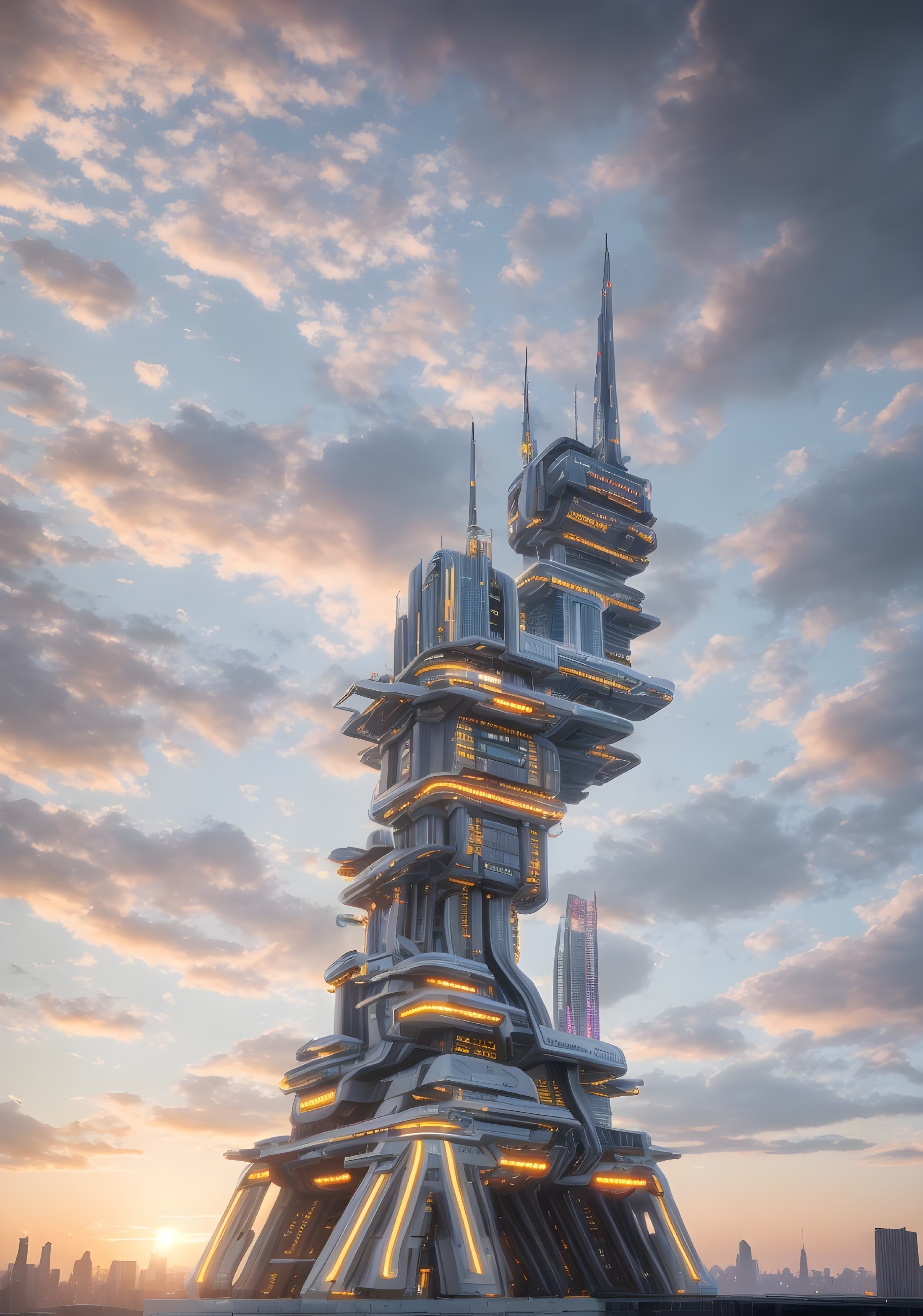 Futuristic Skyscraper with Neon Lighting at Sunset