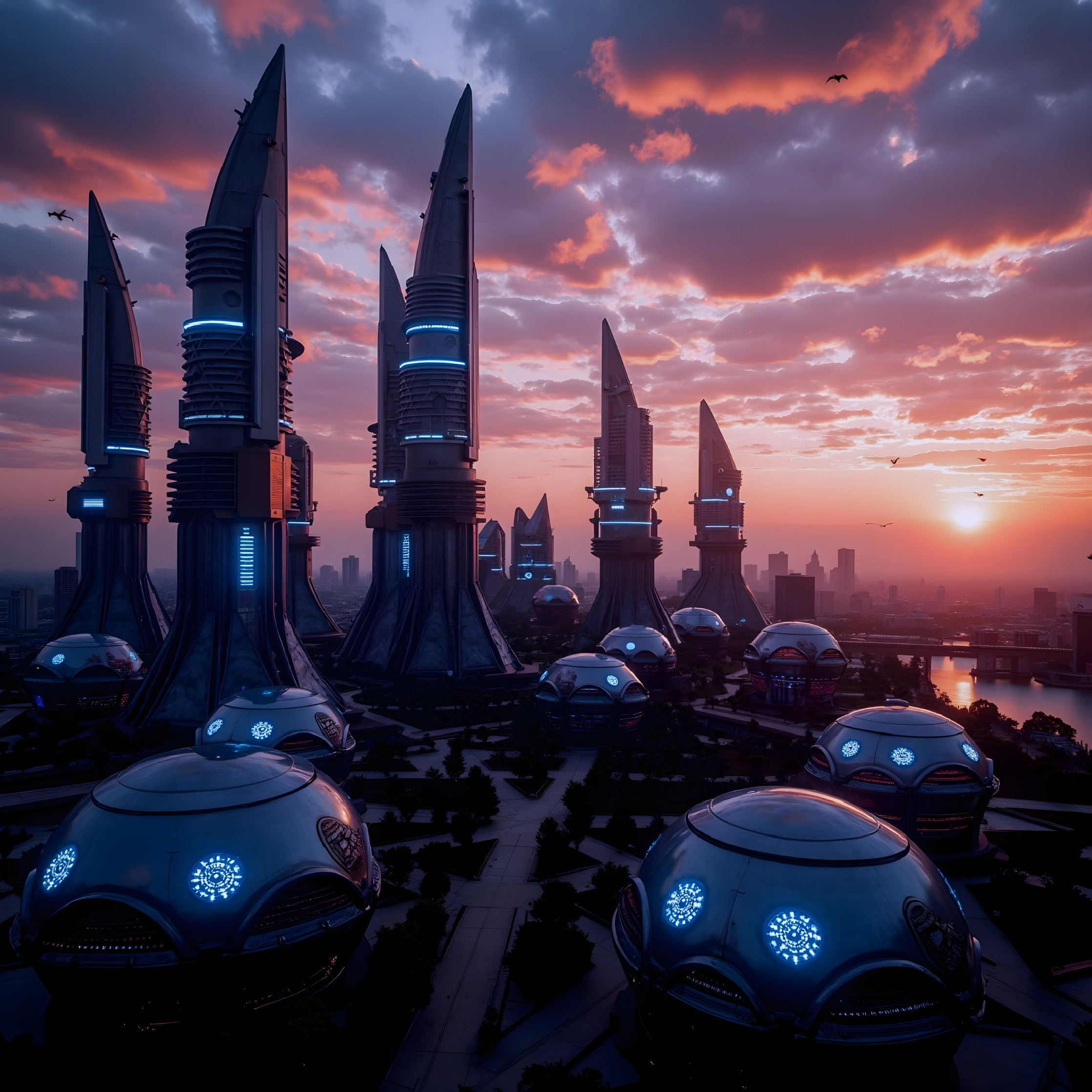 Futuristic skyline with skyscrapers and sunset colors