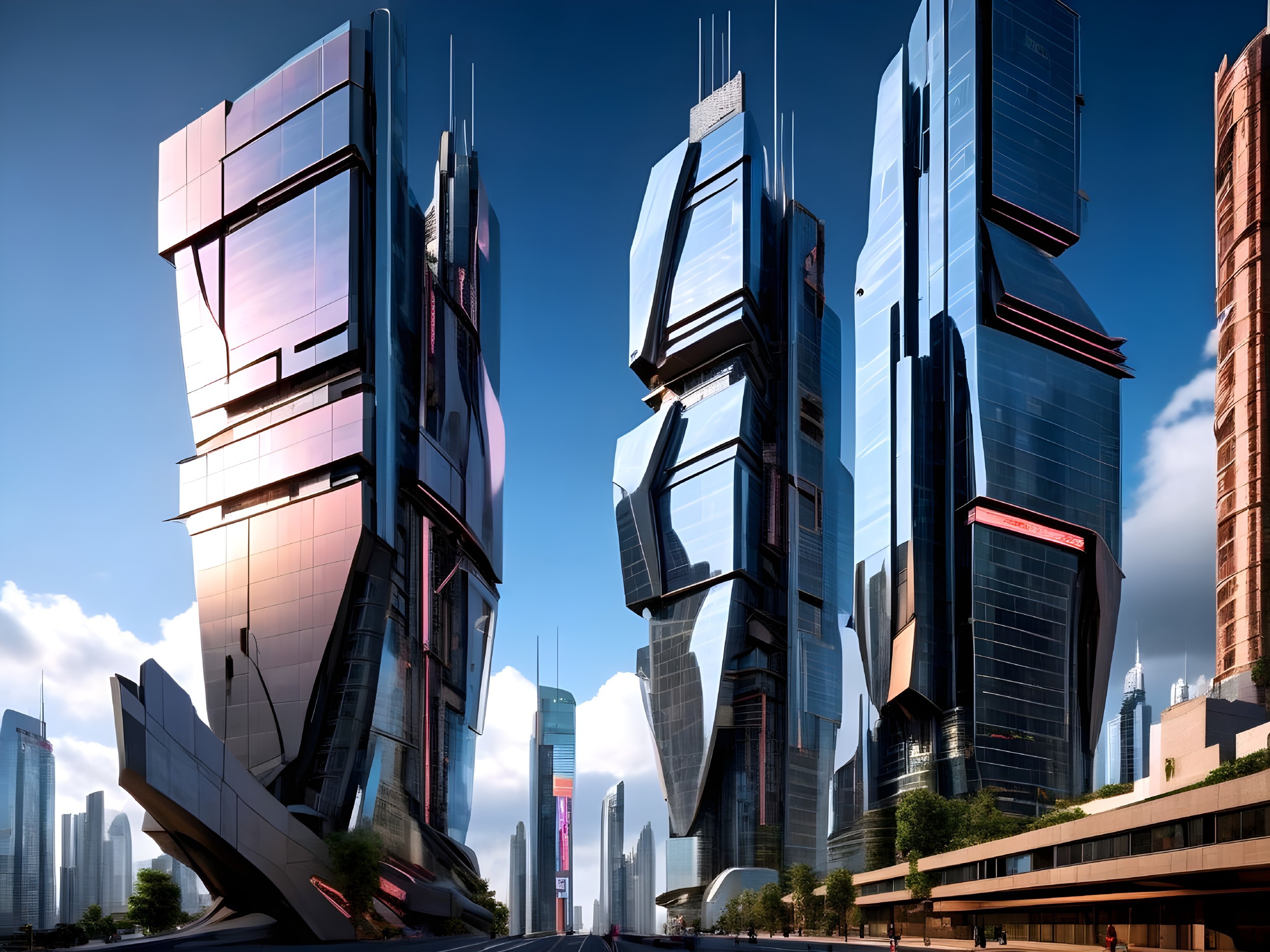 Futuristic skyline with sleek skyscrapers and greenery