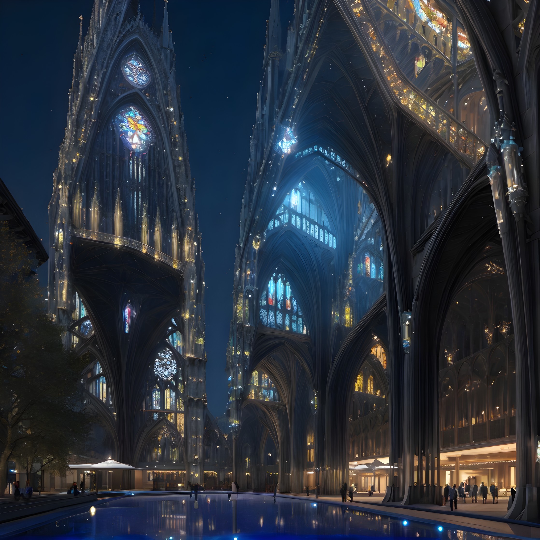 Illuminated Cathedral at Night with Reflective Waters