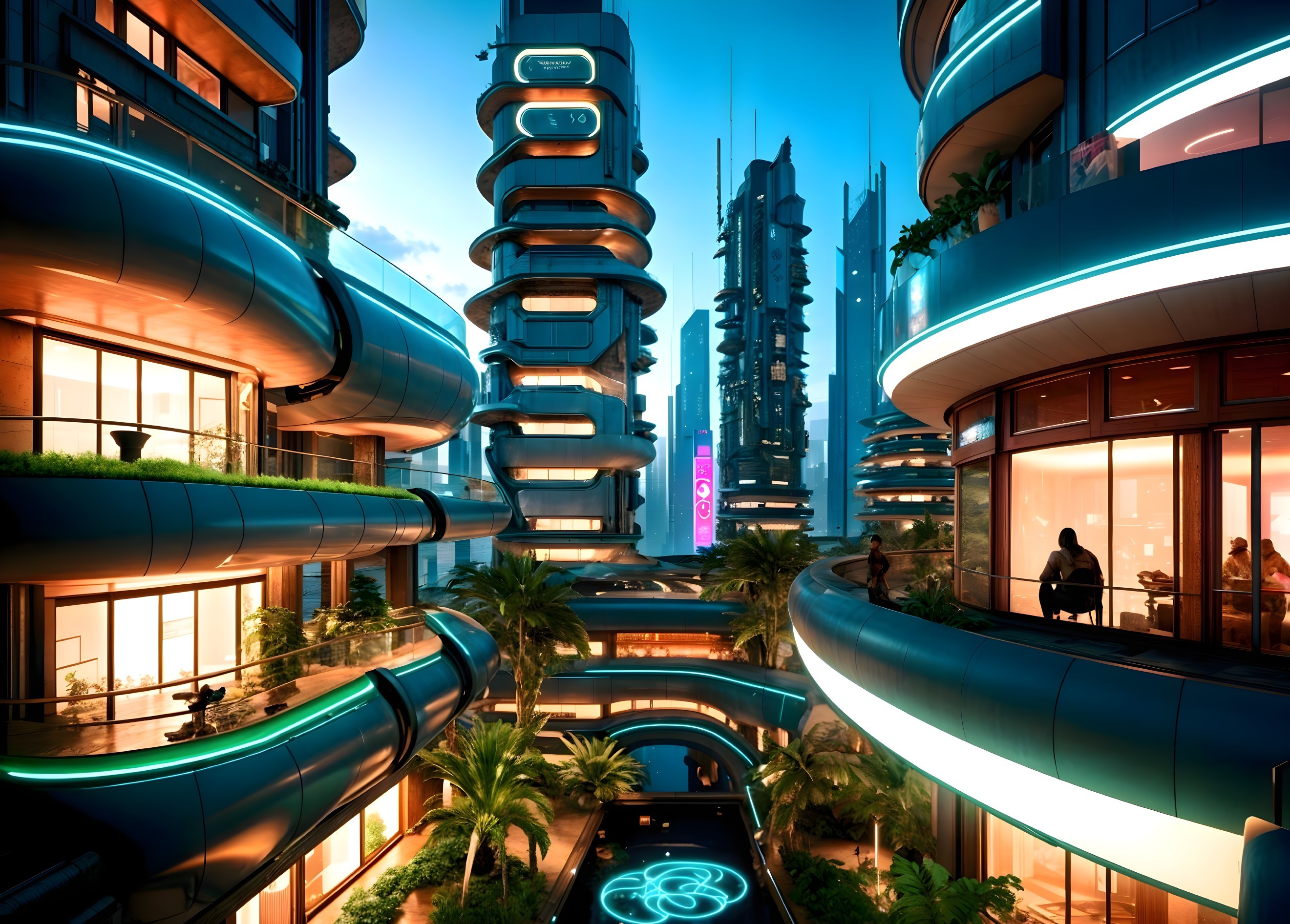 Futuristic cityscape with neon lights and greenery