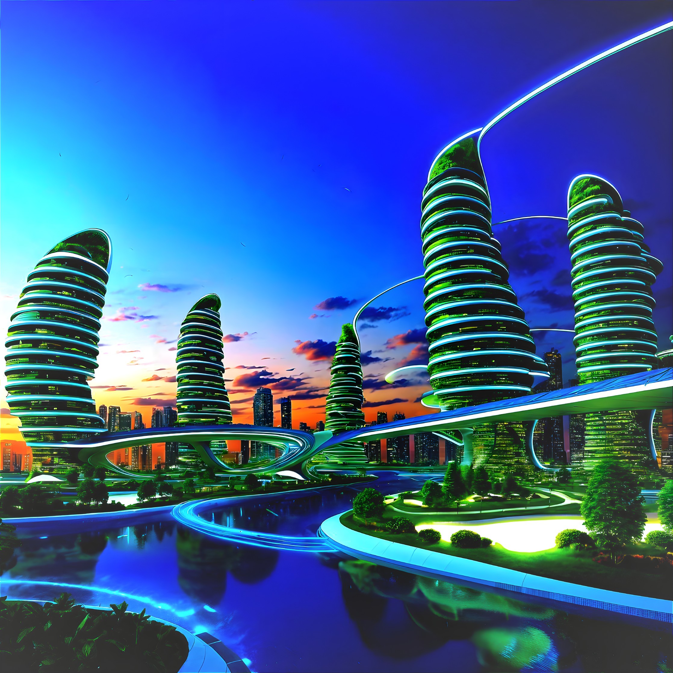 Futuristic Fantasy Landscape with Spiral Green Buildings