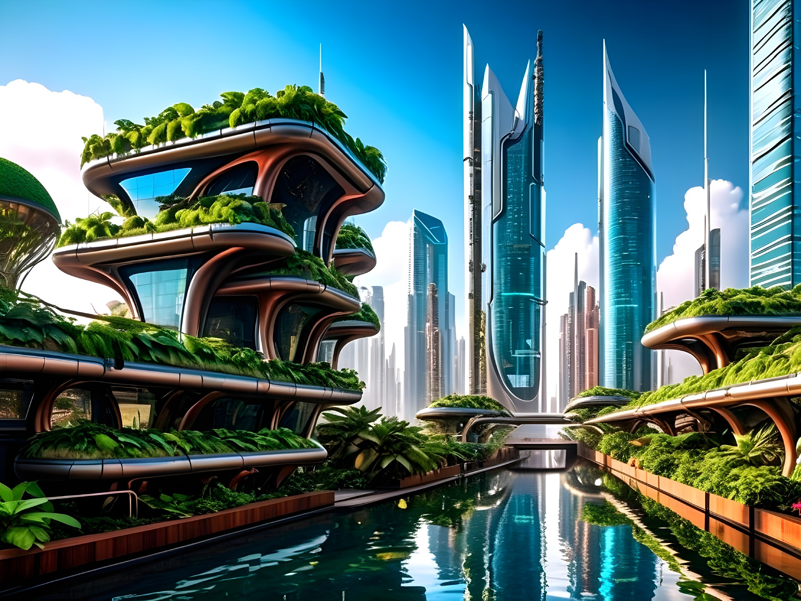 Futuristic cityscape with skyscrapers and greenery