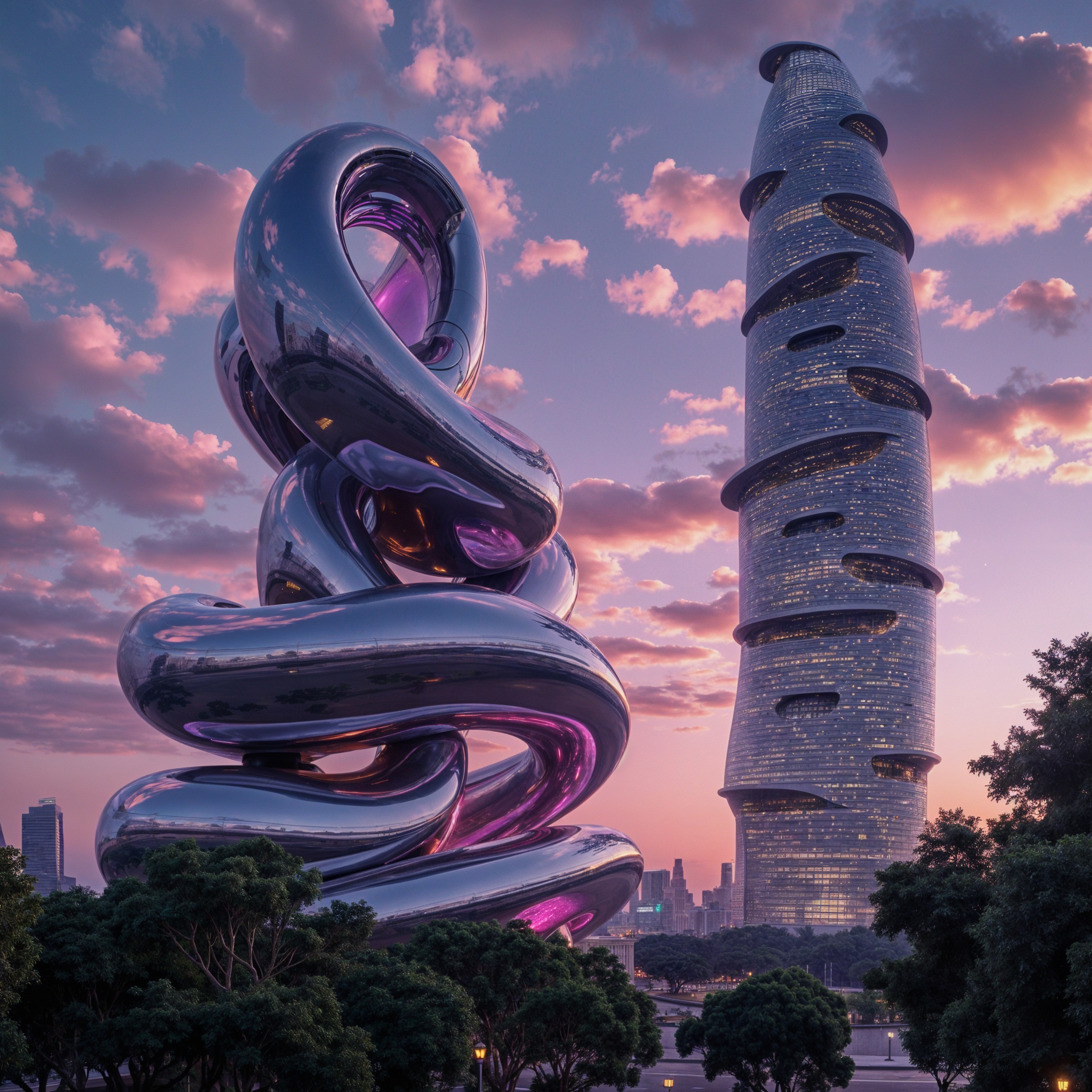 Modern Sculpture with Skyscraper and Sunset Background