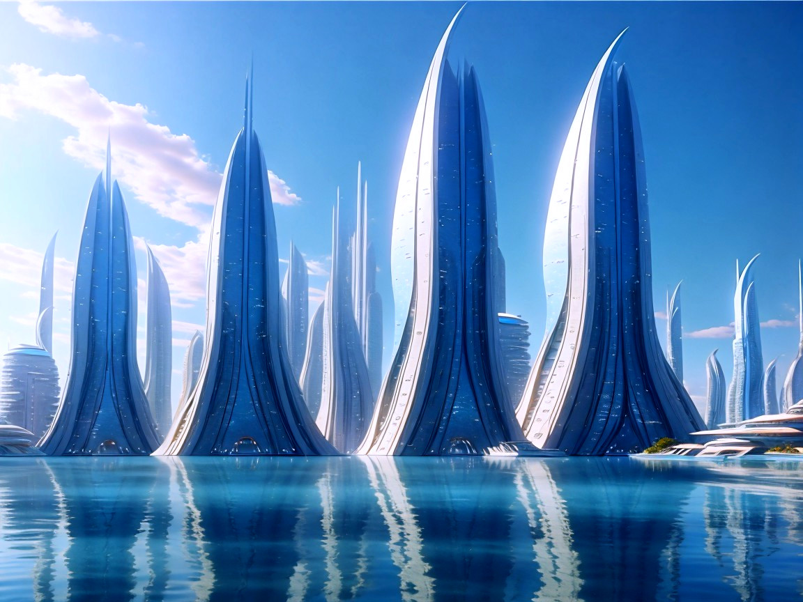 Futuristic cityscape with sleek, sail-like structures