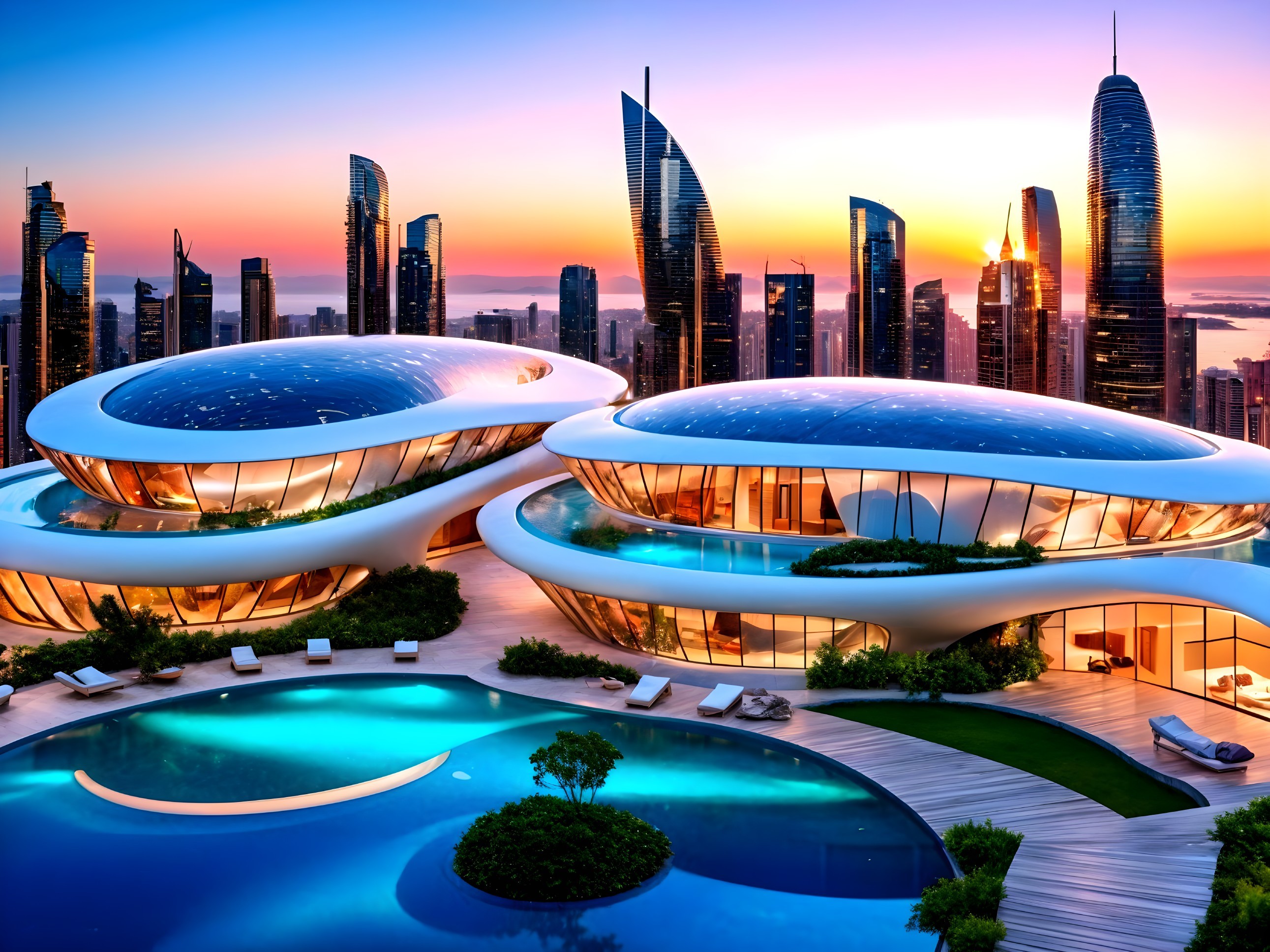 Futuristic Skyline at Sunset with Curvilinear Architecture