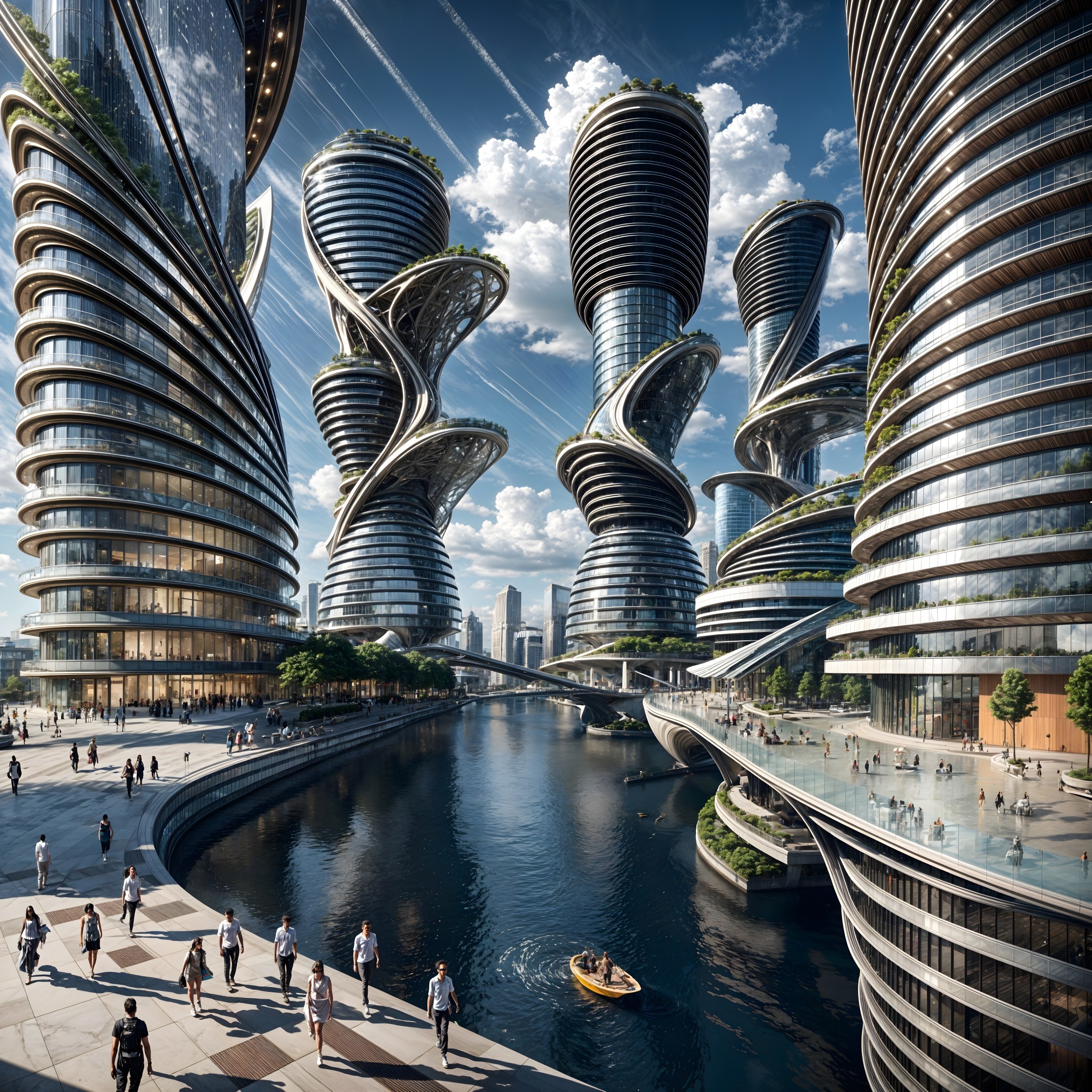 Futuristic cityscape with green terraces and river