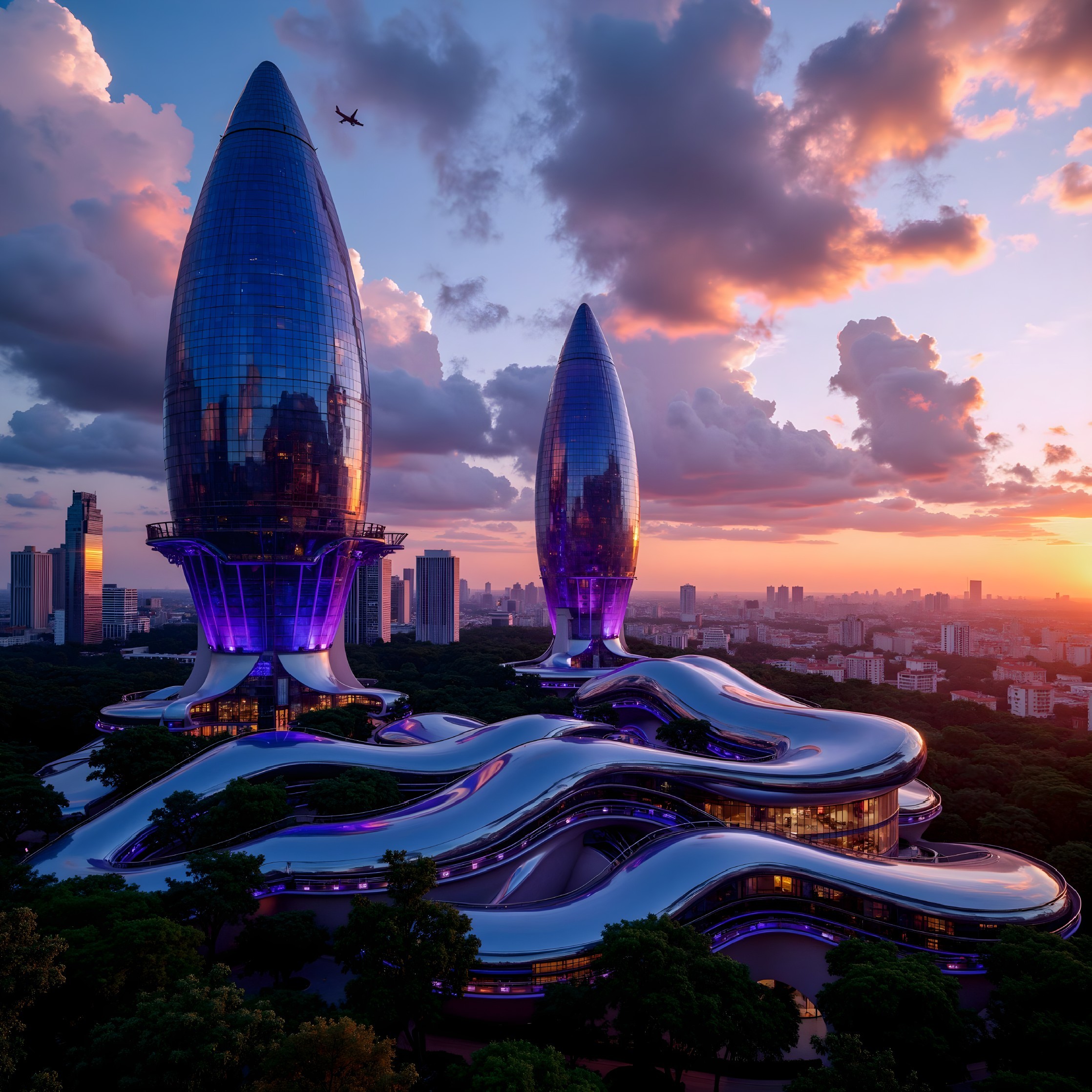 Futuristic Architecture with Curved Glass Structures