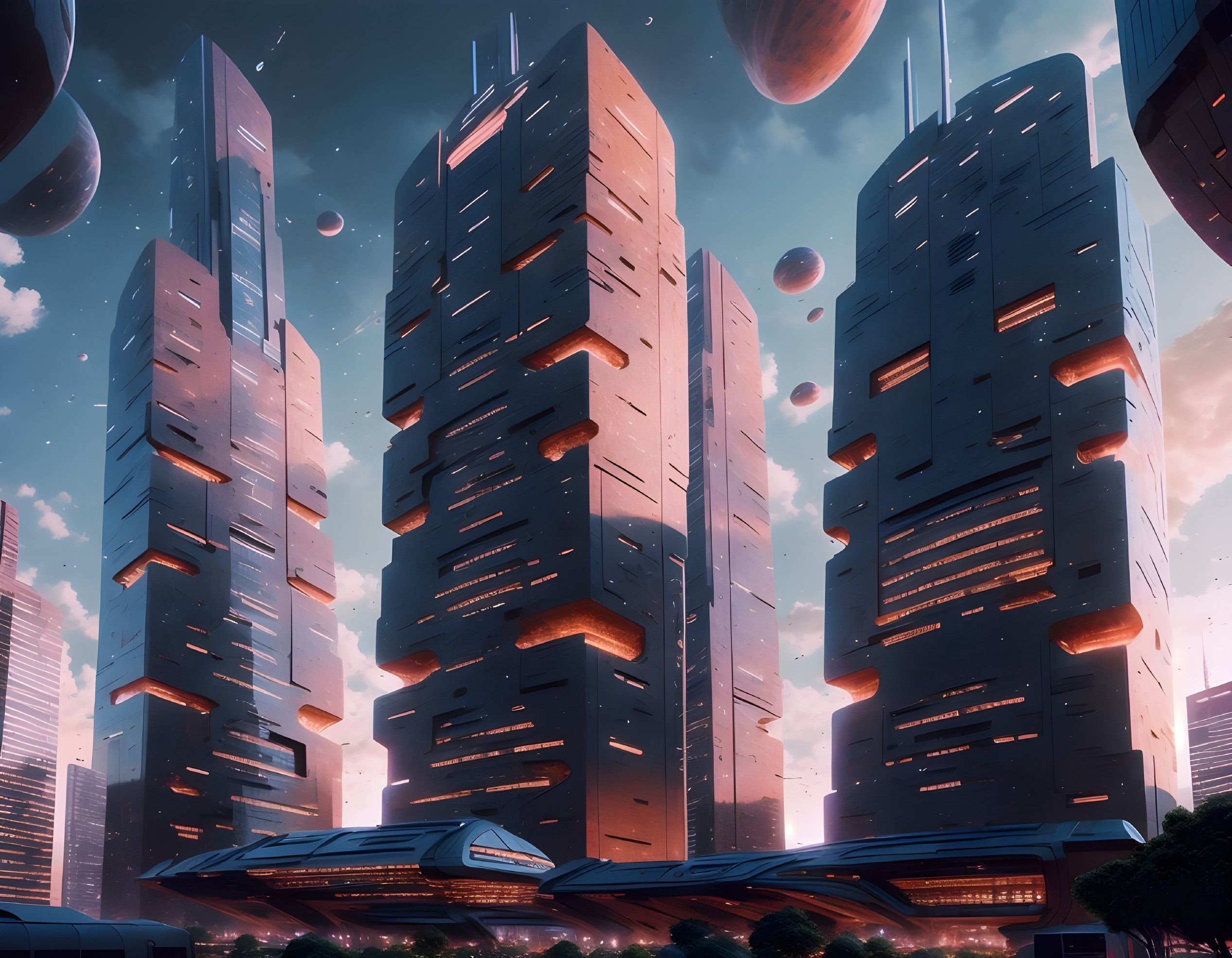 Futuristic cityscape with sleek skyscrapers and planets