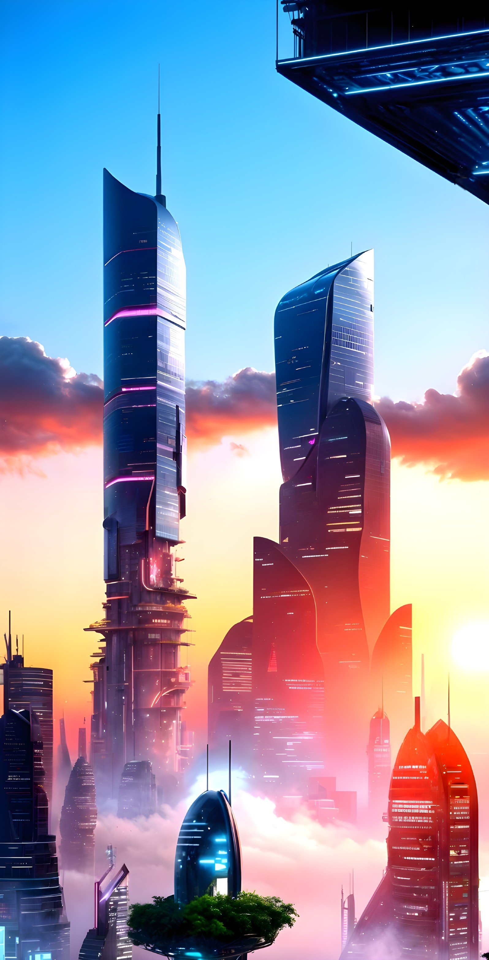 Futuristic skyline with innovative skyscrapers at sunset