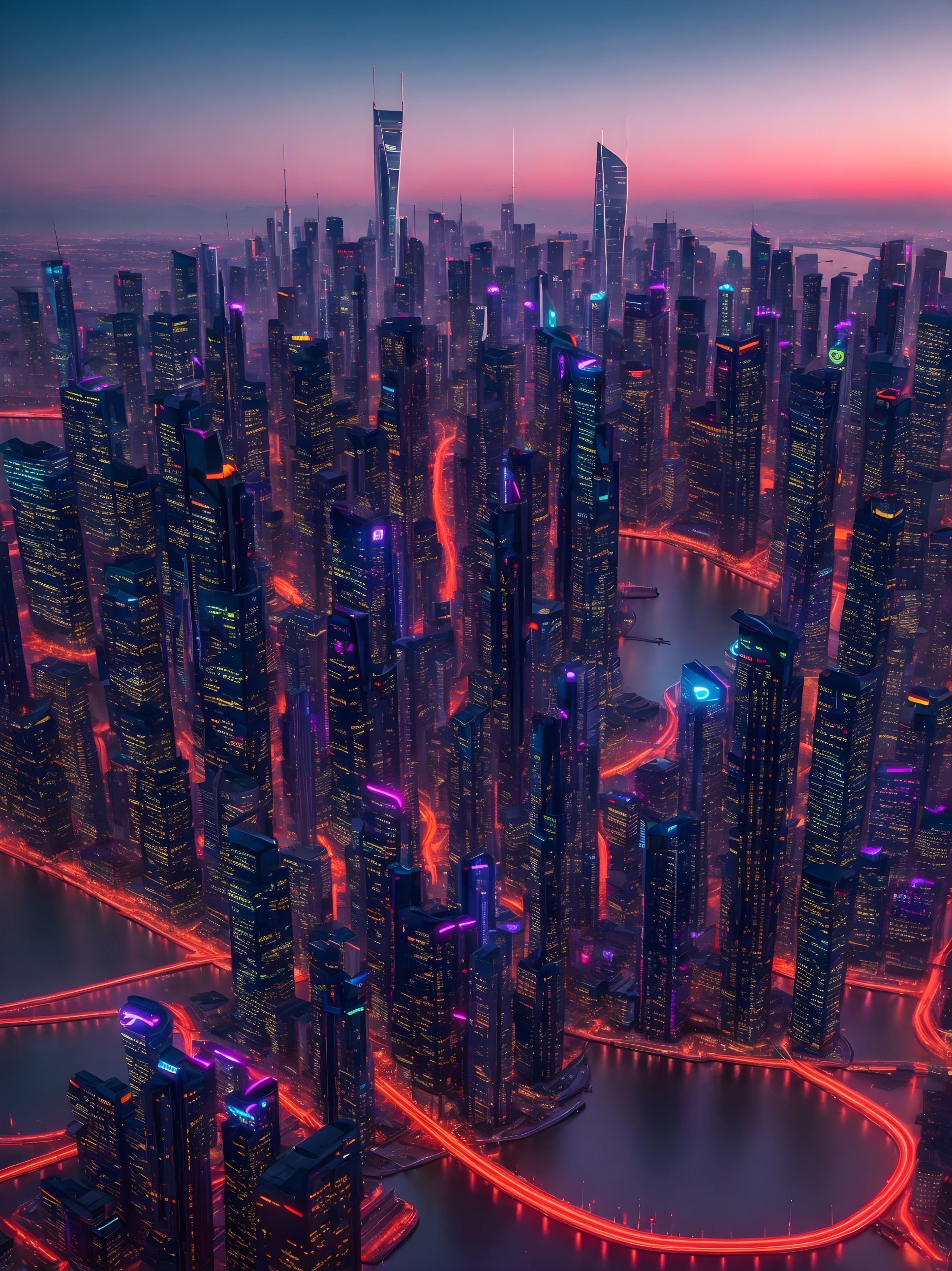 Futuristic cityscape at dusk with neon skyscrapers