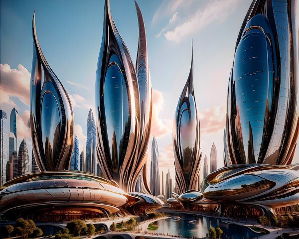 Futuristic cityscape with elegant petal-like structures