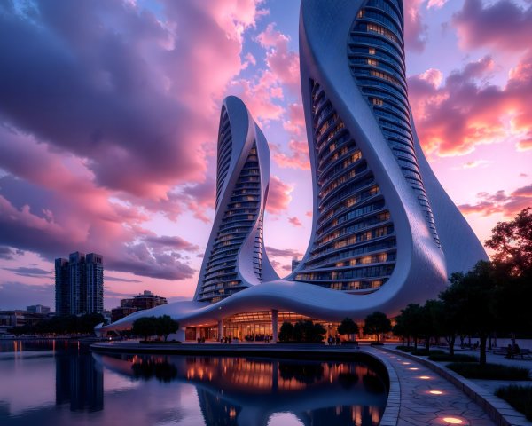 Twisting Towers Against Vibrant Sunset Sky