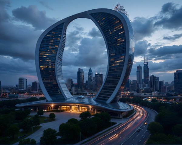 Modern Skyscraper with Circular Opening at Dusk