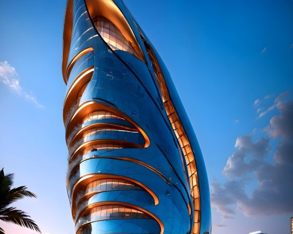 Futuristic building with organic shell-like design