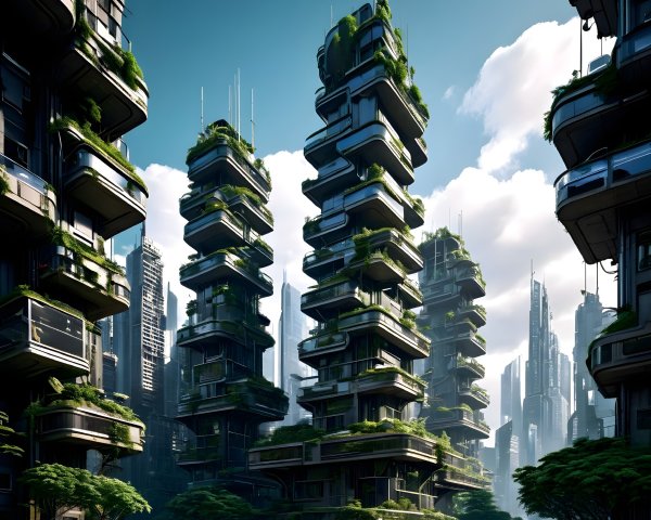 Futuristic Cityscape with Greenery and Modern Architecture