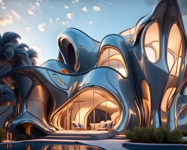 Futuristic House with Organic Design and Lush Surroundings
