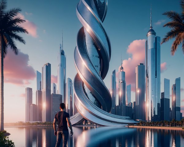 Futuristic cityscape with twisted skyscraper at dawn