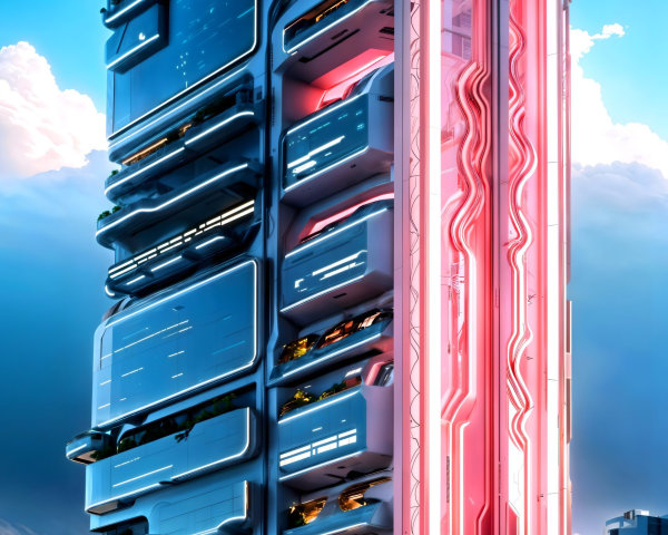 Futuristic Skyscraper with Glass Panels and Neon Accents