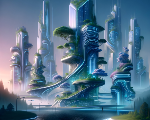 Futuristic cityscape with lush greenery and water reflections