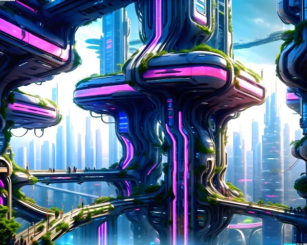 Futuristic cityscape with vibrant lights and greenery