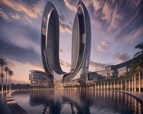 Modern building with curving towers and palm trees