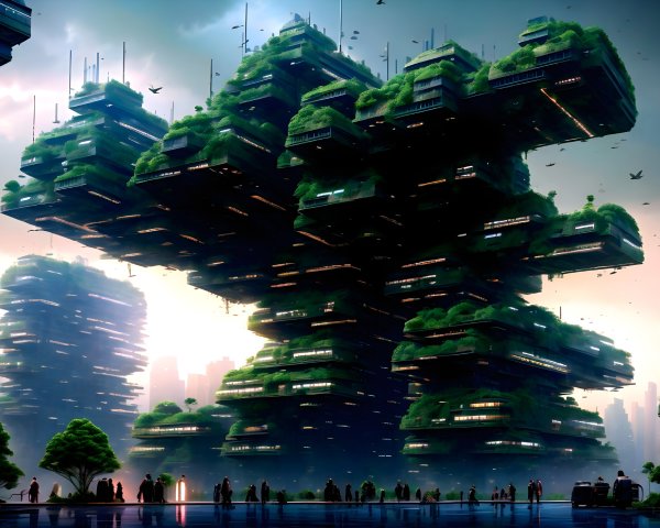 Futuristic cityscape with green-covered buildings
