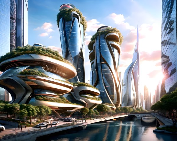 Futuristic cityscape with greenery and sunset reflections