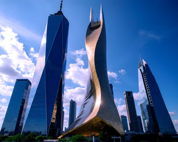 Modern Skyline with Twisted Gold Tower and Skyscrapers