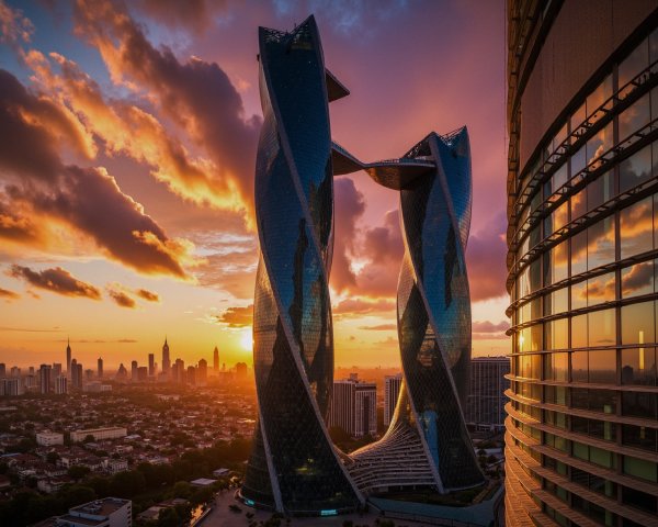 Futuristic twisted skyscrapers with sunset backdrop