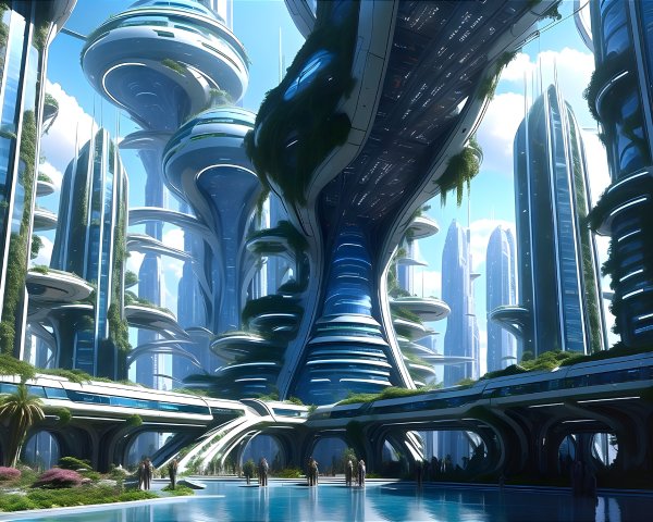 Futuristic cityscape with skyscrapers and greenery