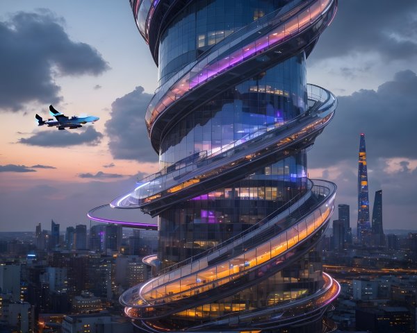 Futuristic Skyscraper with Colorful Lights at Sunset