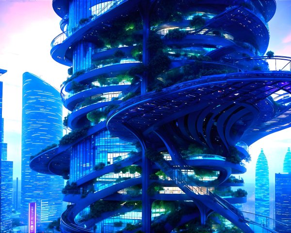 Futuristic Skyscraper with Greenery and Vibrant Lights