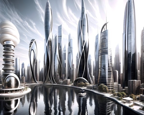 Futuristic cityscape with sleek skyscrapers and water