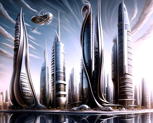 Futuristic cityscape with sleek skyscrapers and spacecraft