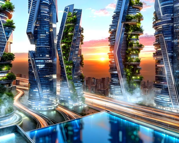 Futuristic city skyline at sunset with lush skyscrapers