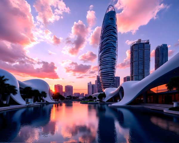 Urban skyline at sunset with modern skyscraper and palms
