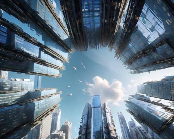Futuristic cityscape with glass skyscrapers and spacecraft