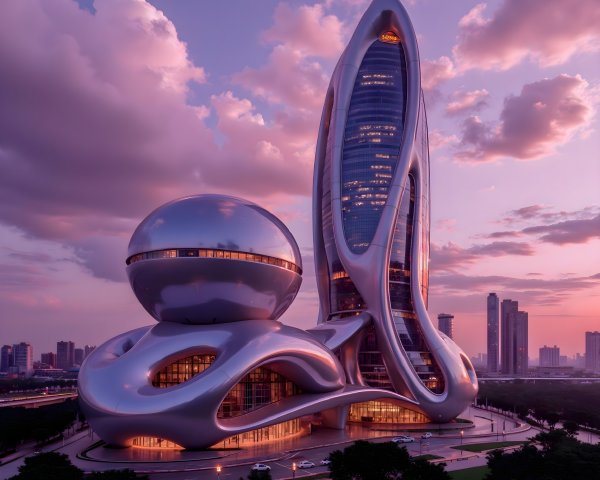 Futuristic Architectural Marvel Against Vibrant Sunset